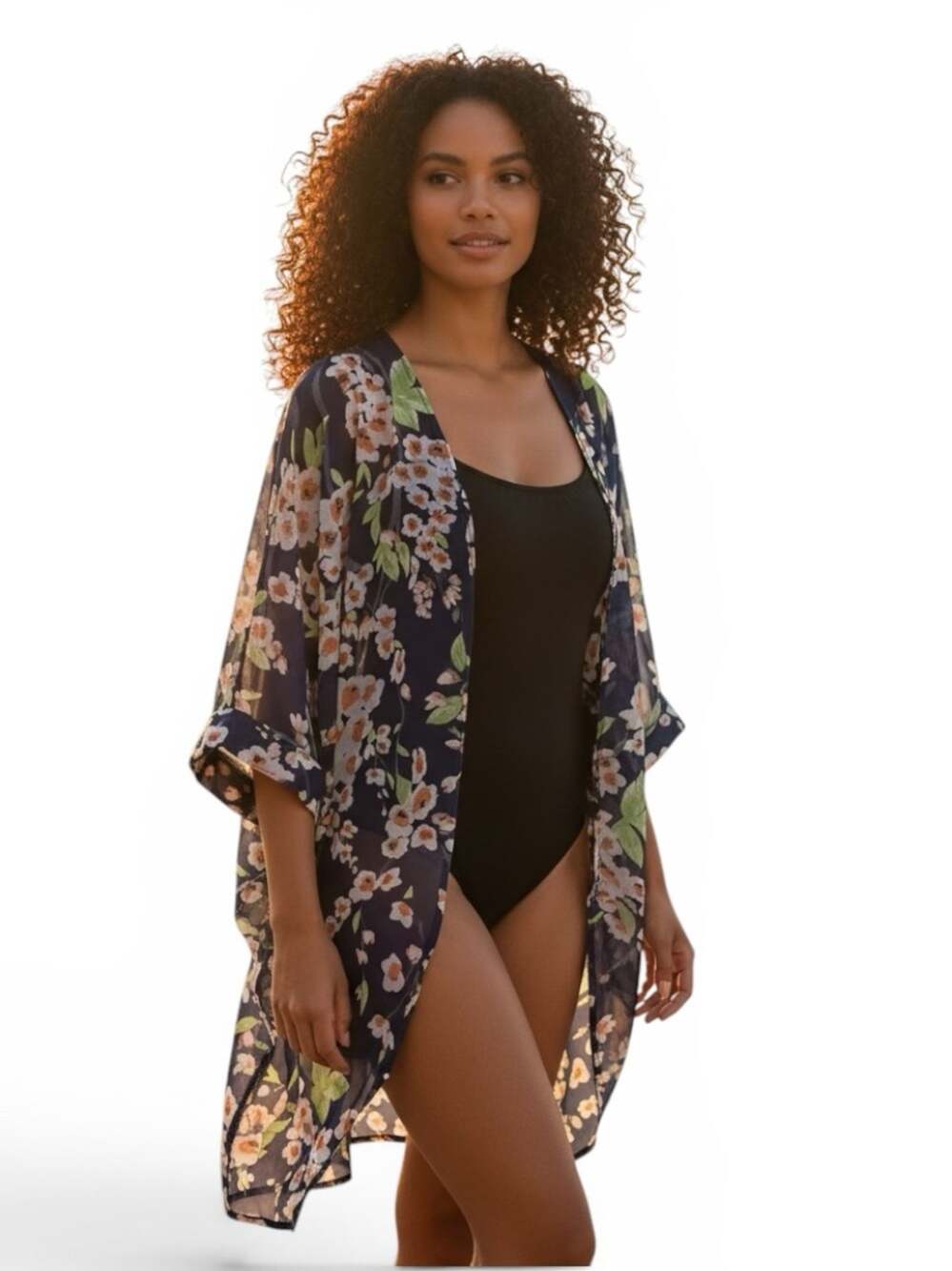Boho Navy Floral Swim Cover-Up Kimono Cardigan Festival Size Large